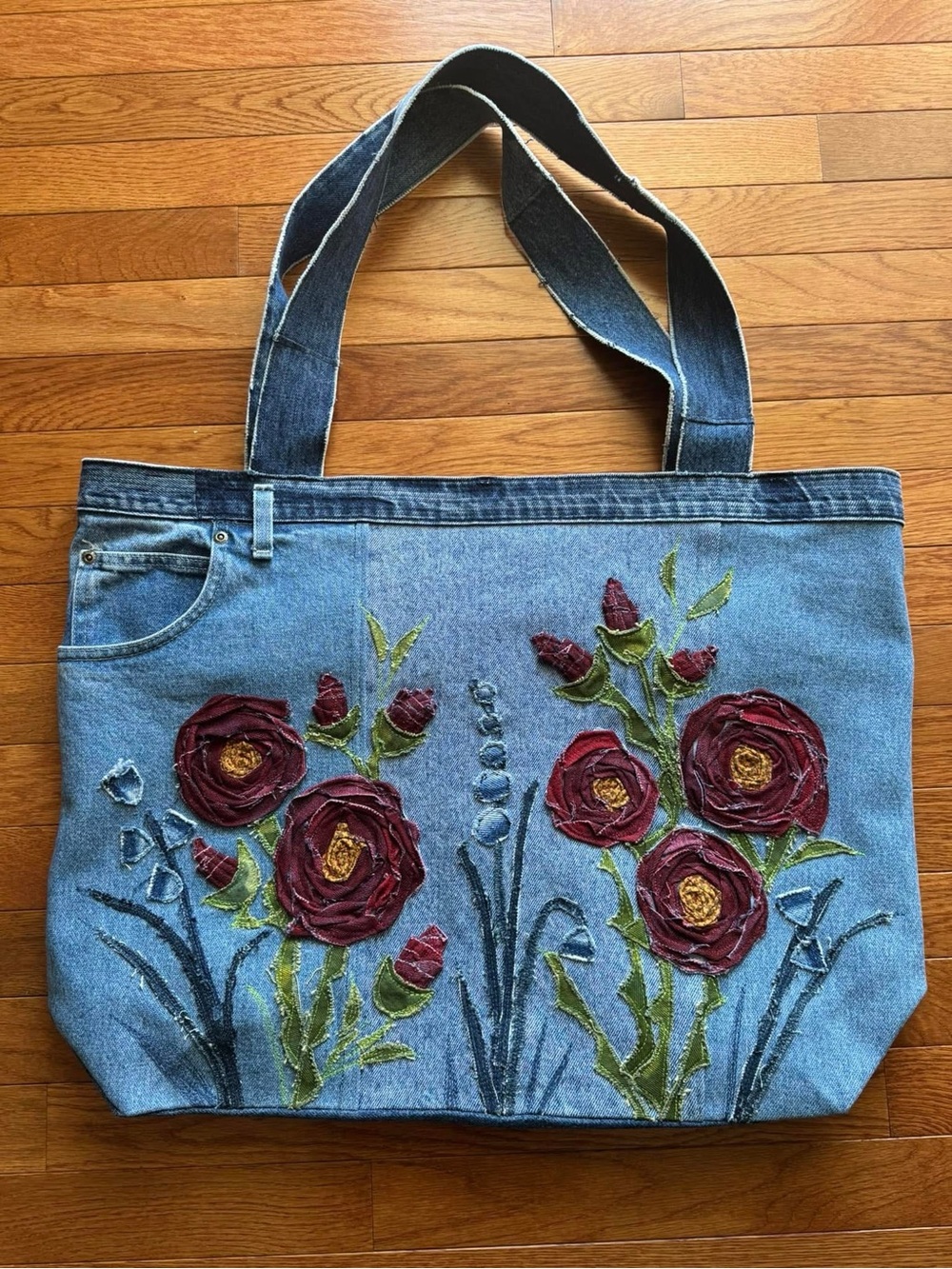 Handcrafted “Rose Garden” Denim Oversized Tote - Picture 5 of 16